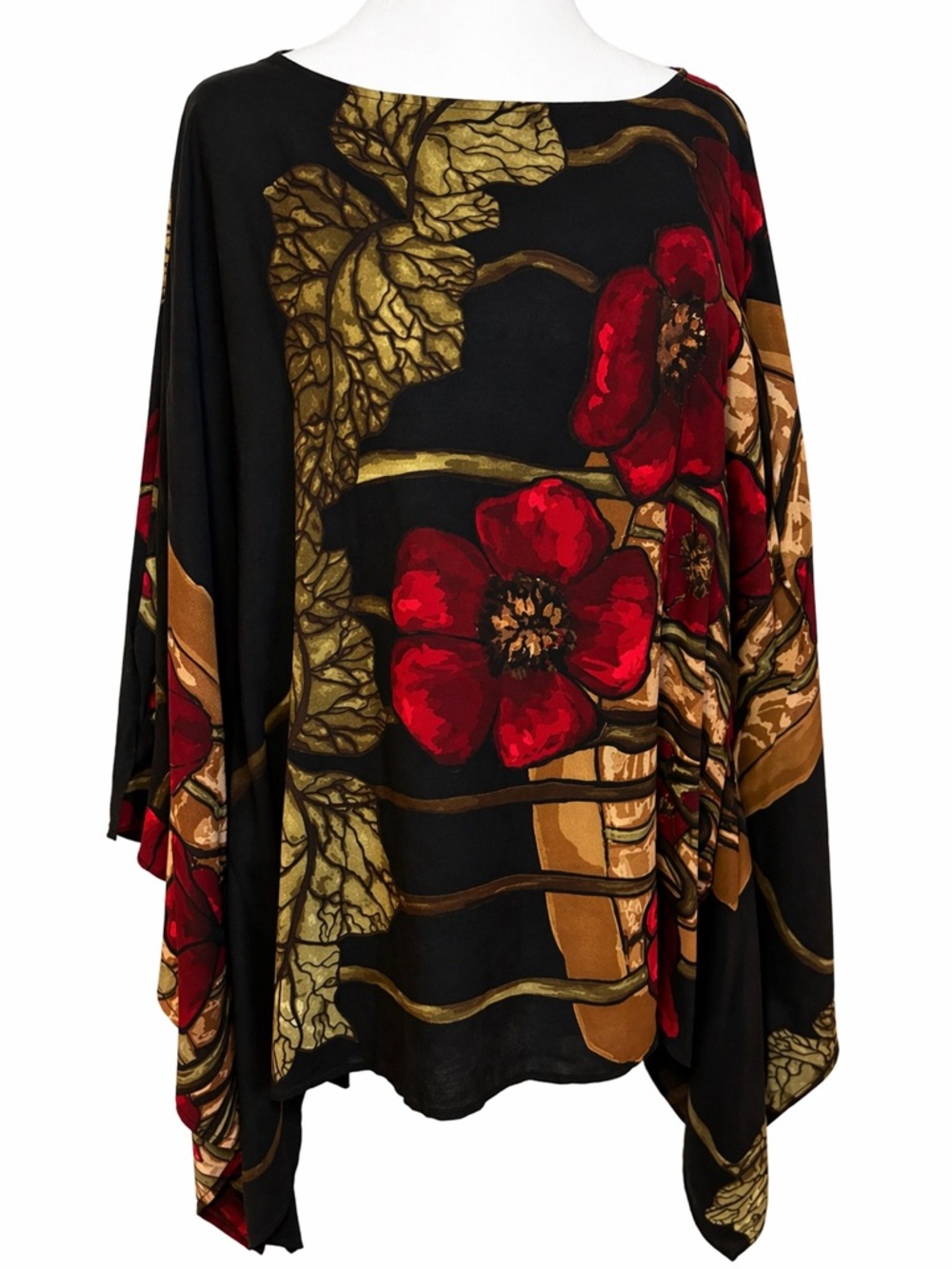 Atoiré 100% Silk Batwing Blouse 1X Floral Kimono Top Boho Art